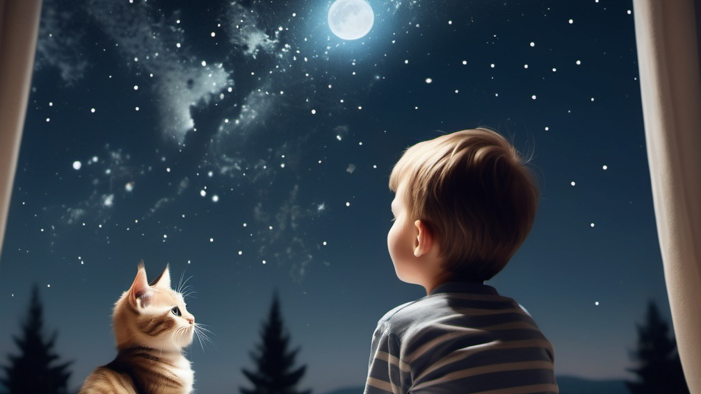 a boy playing with a cat watching the night sky