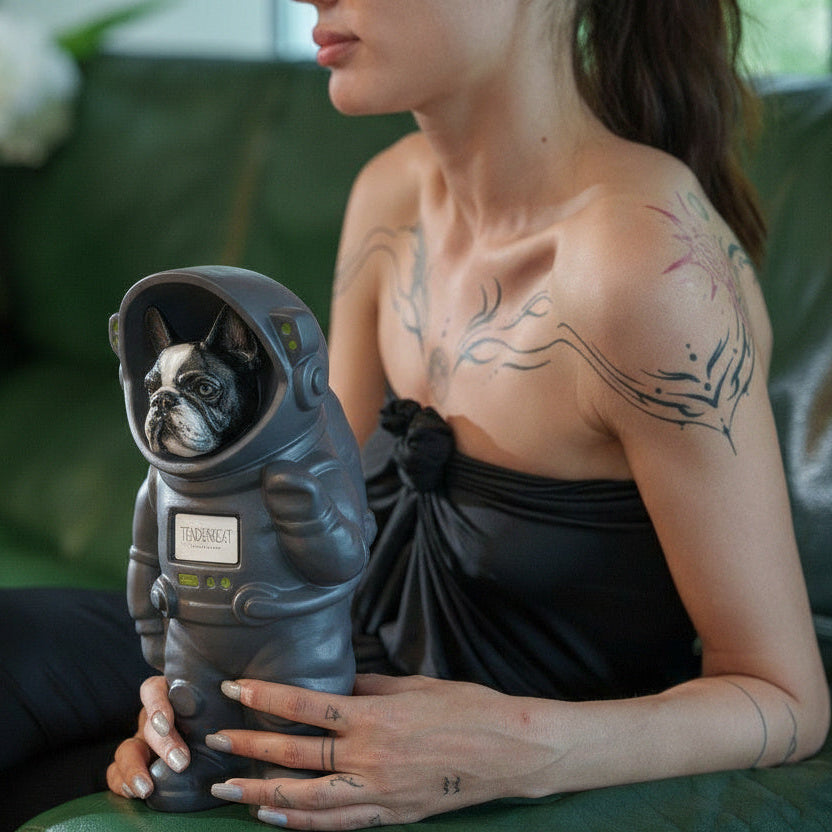 A woman in a black strapless dress sits on a green couch holding a small black-and-white dog dressed in a gray astronaut suit. The dog's nameplate reads 'SOL'.